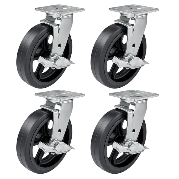 Hyw Products Heavy Duty Caster Set 8in Rubber on Cast Iron Wheels, 4 Swivel with Brake, 4PK 40-80S-A1-RC-TB-4 - main
