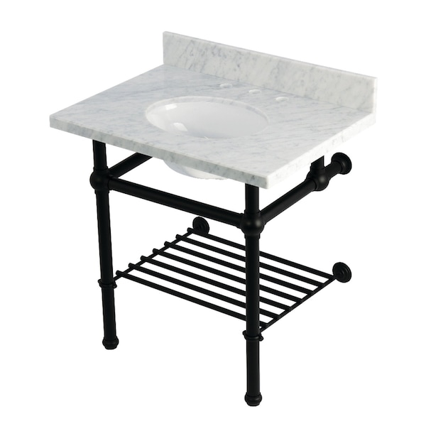 Kingston Brass 30-Inch Carrara Marble Console Sink with Brass Legs and Shelf, 8-Inch, 3-Hole KVPB3030MBB0 - main