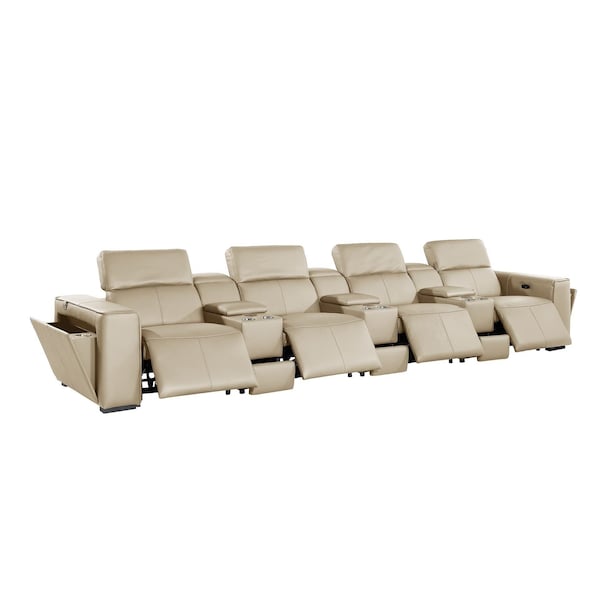 Homeroots 170" Beige Top Grain Leather Reclining Metal USB Sofa 720419 - main