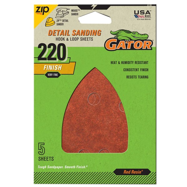 Gator Finishing Red Resin Detail Sanding Hook and Loop Sheets, 220 Grit, 5PK 3730 - main