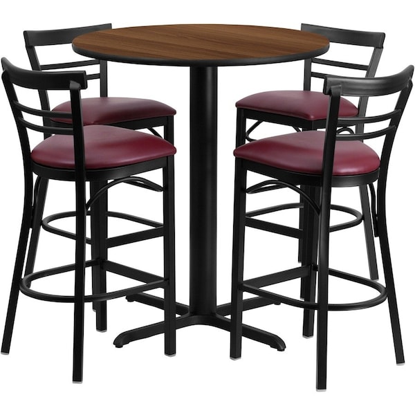 Flash Furniture Round Walnut Bar Table, X-Base w/Burg Seats, 24", 24" L, 24" W, 42" H, Laminate Top, Wood Grain HDBF1040-GG - main