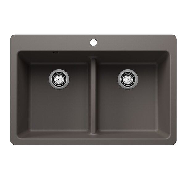 Blanco Liven SILGRANIT 33in 50/50 Double Bowl Dual Mount Kitchen Sink with Low Divide - Volcano Gray 443208 - main