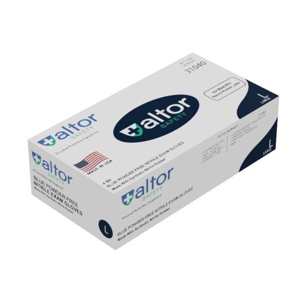 Altor Safety Disposable Gloves, Medical Grade, Nitrile, 4 mil, 9 in Length, Powder-Free, 100 PK, Blue, L 31040 - main
