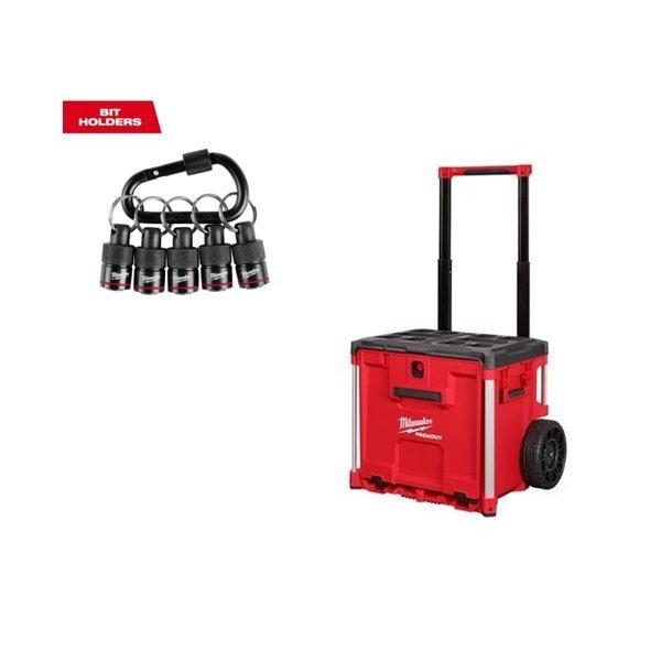 Milwaukee Hand Trucks PACKOUT Rolling Slide Out Drawer Tool Box and 5pc Bit Holder with Carabiner 48-22-8420+48-32-4537 - main