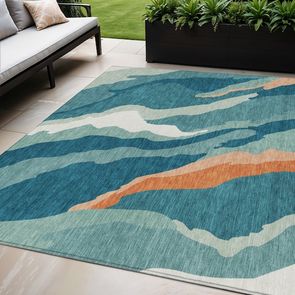 Homeroots 5' X 8' Teal Blue Copper And Ivory Abstract Washable Indoor Outdoor Area Rug 601009 - main