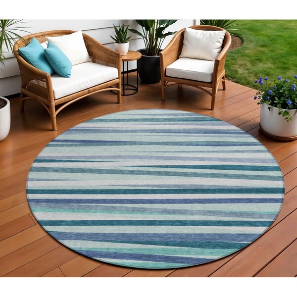 Homeroots 8' Teal Blue Gray And Ivory Round Striped Washable Indoor Outdoor Area Rug 597363 - main