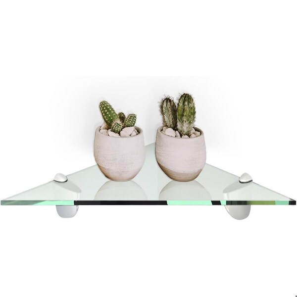 Fab Glass And Mirror 14in. L x 0.37in. H x 14in. W Wall Mount Clear Tempered Glass Floating Corner Shelf in Chrom SH-CRRD140 - main