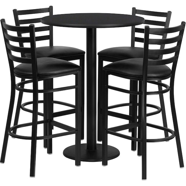 Flash Furniture Round Blk Bar Table, Rnd Base w/Blk Seats, 30", Laminate Top, Wood Grain RSRB1021-GG - main