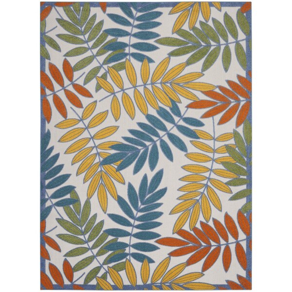 Homeroots 10' X 14' Ivory Blue Orange And Green Palm Leaf Indoor Outdoor Area Rug 545040 - main