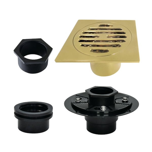 Kingston Brass 4" Brass Square Grid Shower Drain with Hair Strainer and Base Flange, Brushed Brass BSFK4262BB - main