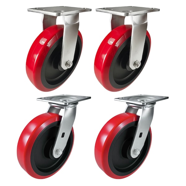 Hyw Products Heavy Duty Caster Set 8in Polyurethane on Plastic Wheels, 2 Rigid & 2 Swivel, 4PK 40-80R-A1-PU-2,40-80S-A1-PU-2 - main