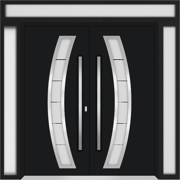 Vdomdoors Metal Double Doors Deux 6500 Black Enamel Frosted Glass 2 Sidelights and Top Transom Entry Modern P DEUX6500DEXD-BLK-W16+72+16xH96+12-LH-I - main