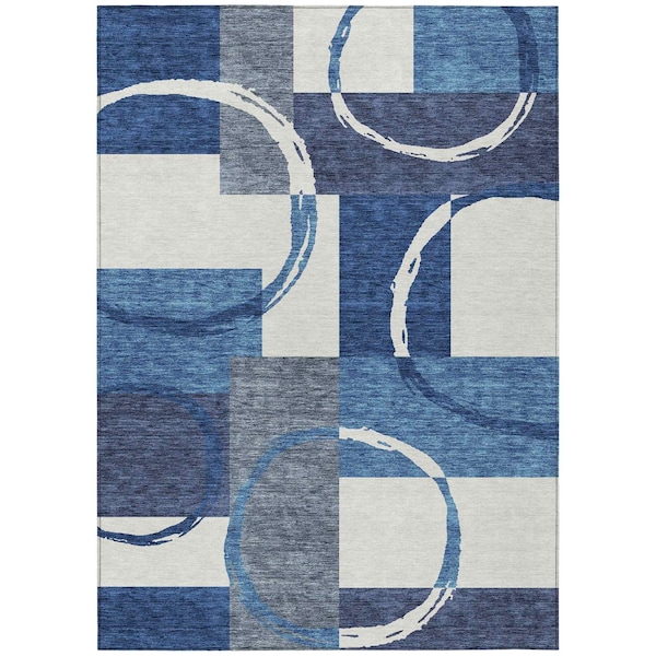 Homeroots 5' X 8' Blue And Ivory Geometric Washable Indoor Outdoor Area Rug 612570 - main