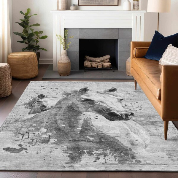 Homeroots 10' X 14' Gray And Silver Horse Washable Indoor Outdoor Area Rug 618684 - main