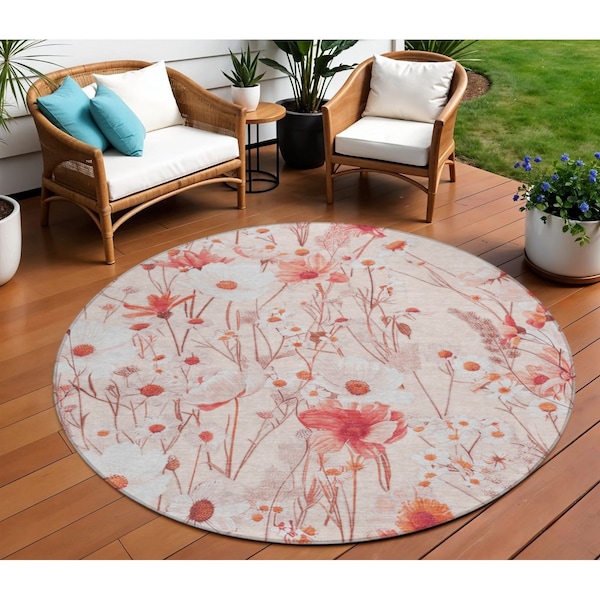 Homeroots 8' Salmon And Coral Round Floral Washable Indoor Outdoor Area Rug 611170 - main