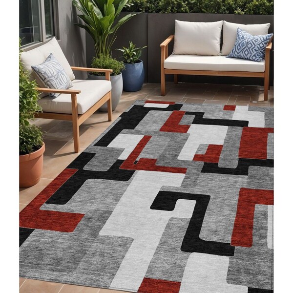 Homeroots 5' X 8' Gray Ivory And Red Geometric Washable Indoor Outdoor Area Rug 613212 - main