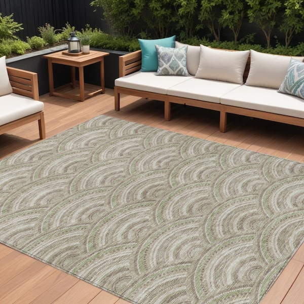 Homeroots 8' X 10' Taupe Fern Green And Ivory Geometric Washable Indoor Outdoor Area Rug 615245 - main