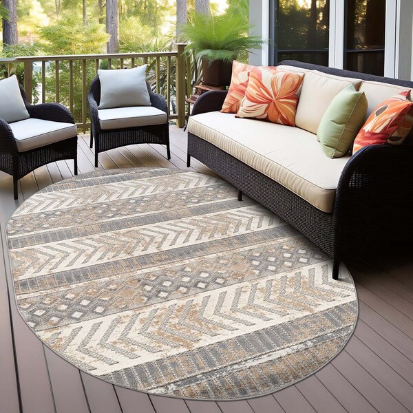 World Rug Gallery Distressed Geometric Indoor/Outdoor Area Rug 5 ft x 7 ft Oval Beige 8019BEIGE5OV - main