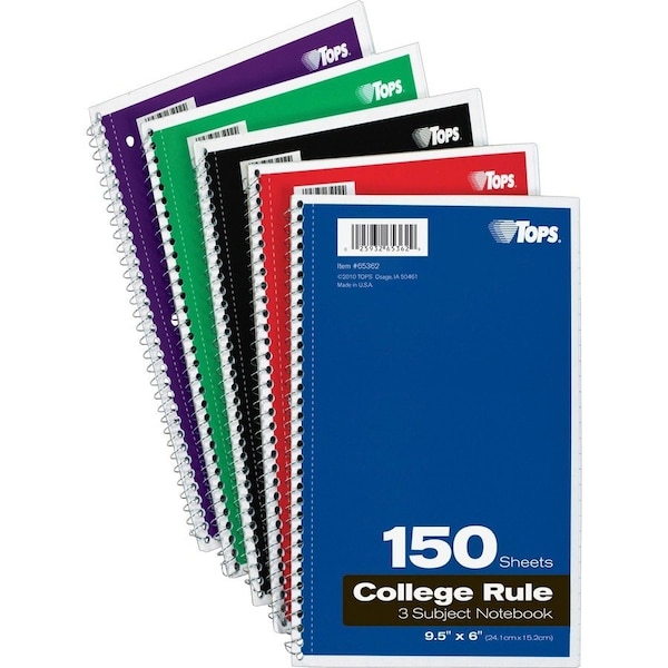 Tops Products WIREBOUND 3-SUBJECT NOTEBOOK, COLLEGE RULE, 9-1/2 X 6, WHITE, 150 SHEETS/PAD 65362 - main