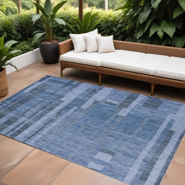 Homeroots 9' X 12' Navy Blue And Gray Striped Washable Indoor Outdoor Area Rug 602795 - main