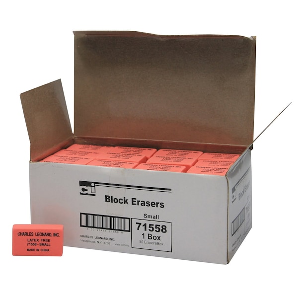 Charles Leonard Eraser, Synthetic, Latex Free, Block Shape, Small, Pink, Box of 80, 80PK 71558 - main