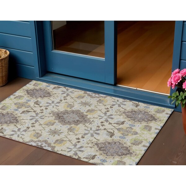Homeroots 3' X 5' Ivory Brown And Green Oriental Washable Indoor Outdoor Area Rug 597692 - main