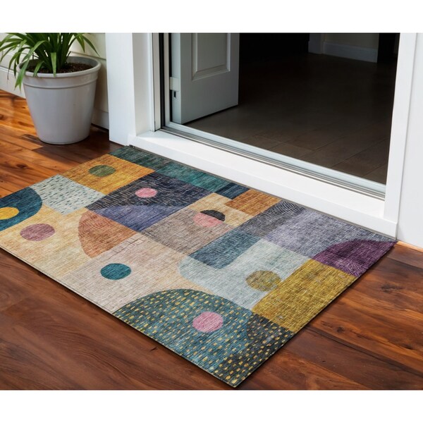 Homeroots 3' X 5' Green Purple And Blue Geometric Washable Indoor Outdoor Area Rug 604408 - main