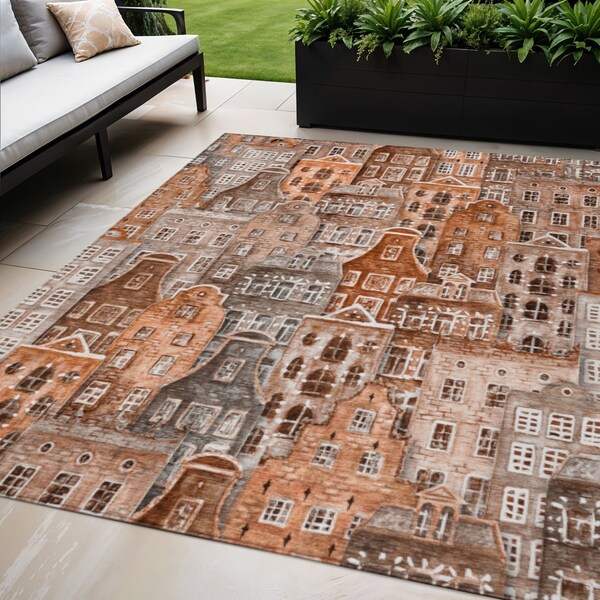 Homeroots 5' X 8' Orange Copper And Salmon Village Houses Washable Indoor Outdoor Area Rug 577866 - main