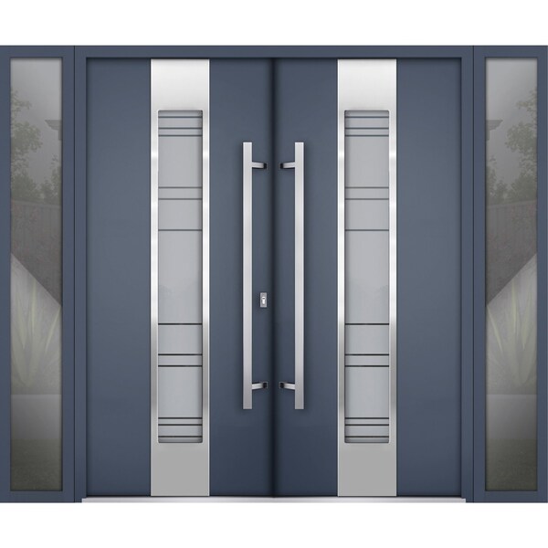 Vdomdoors Steel Double Doors Deux 0757 Gray Graphite 2 Sidelight Exterior Windows Stainless Inserts Single Mo DEUX0757DEXD-GRE-RH-W12+72+12 x H80 - main