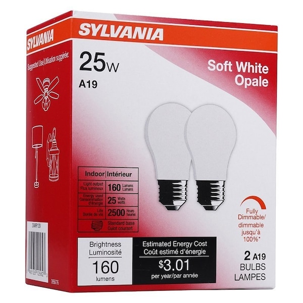 Sylvania Incandescent Bulb, 25 W, A19 Lamp, Medium Lamp Base, 160 Lumens, 2850 K Color Temp, Soft White, 2PK 10562 - main