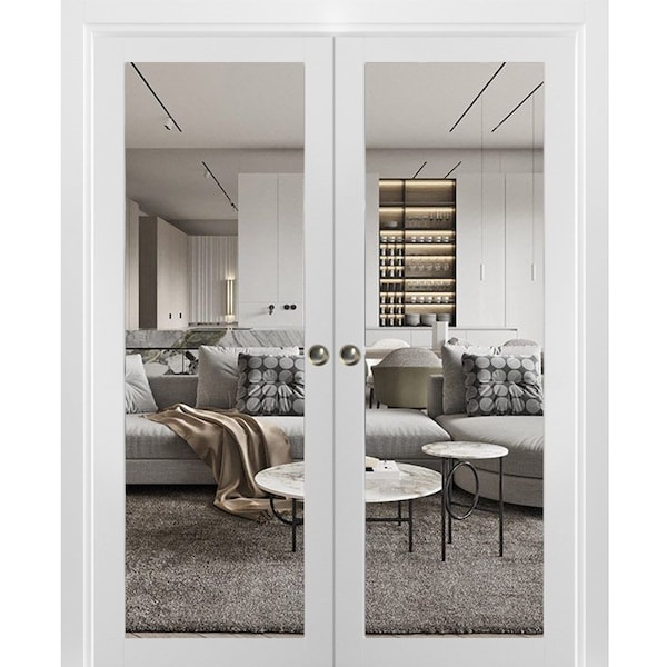 Sartodoors Sliding Double Pocket Door Clear Glass, Lucia 2166 White Silk, Kit Trims Rail Hardware, Solid Woo LUCIA2166DP-WS-4884 - main