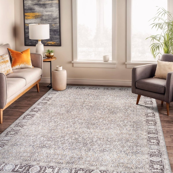 World Rug Gallery Gray Flatweave Rug - Washable Vintage Style, Neutral for Any Room 5 ft x 7 ft WR173GRAY5X7 - main