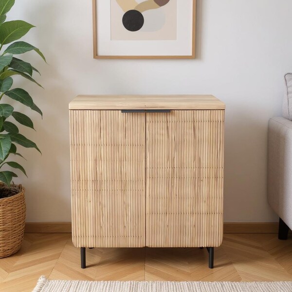 Homeroots 35" Oak Wood Textured Door Accent Cabinet With Two Doors 644523 - main