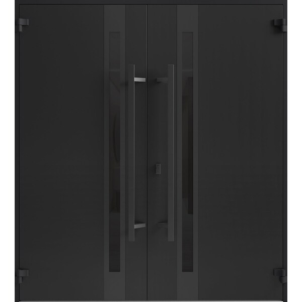Vdomdoors Front Exterior Prehung Aluminum Double Doors Ronex1033 Teak Mirrored Clear Glass Entry Metal Modern RONEX1033DEXD-OAK-W72xH80-RH-O - main