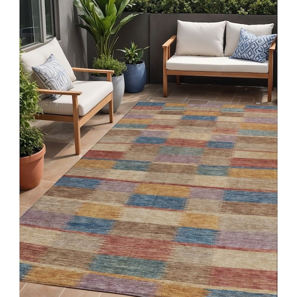 Homeroots 5' X 8' Beige Blue And Gold Striped Washable Indoor Outdoor Area Rug 615465 - main