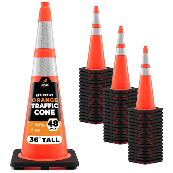 Xpose Safety Traffic Safety Cone, 36 in, PVC, Dual 6 in & 4 in Reflective Collar, DOT Approved, Orange, 48 pk OTC36-64-48-X - main