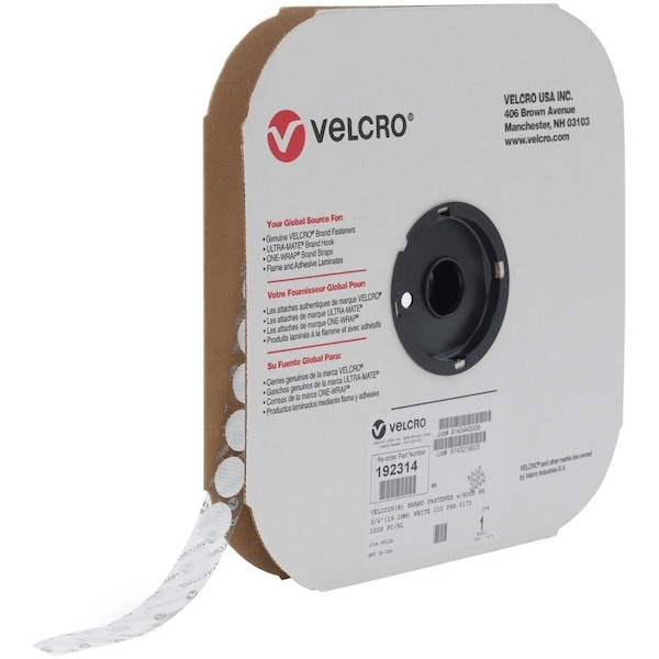 Velcro Brand Reclosable Fastener, Disc, Acrylic Adhesive, 3/4 in, White, 1028 PK 192314 - main