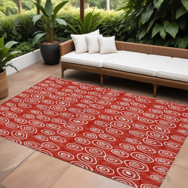 Homeroots 8' X 10' Red And Ivory Geometric Washable Indoor Outdoor Area Rug 583387 - main