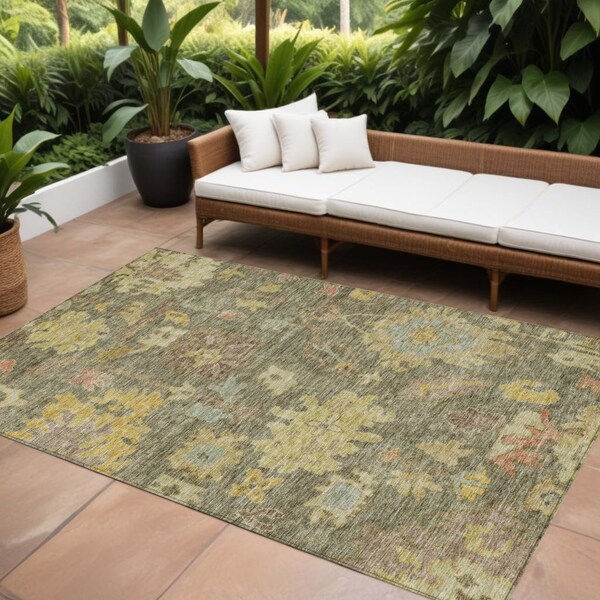Homeroots 9' X 12' Artichoke Green Coral And Brown Floral Washable Indoor Outdoor Area Rug 604106 - main