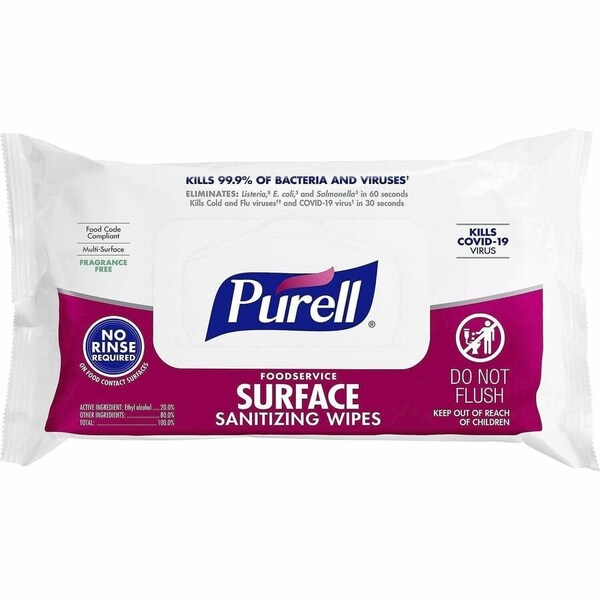 Purell Foodservice Surface Sanitizing Wipes, 1-Ply, 7.4 x 9, Fragrance Free, White, 72 Wipes 9371-12 - main