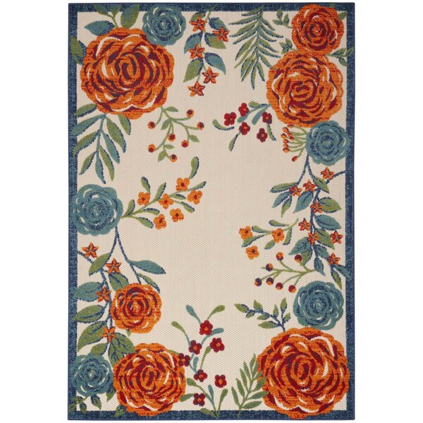 Homeroots 6' X 9' Ivory Blue And Orange Floral Indoor Outdoor Area Rug 545018 - main
