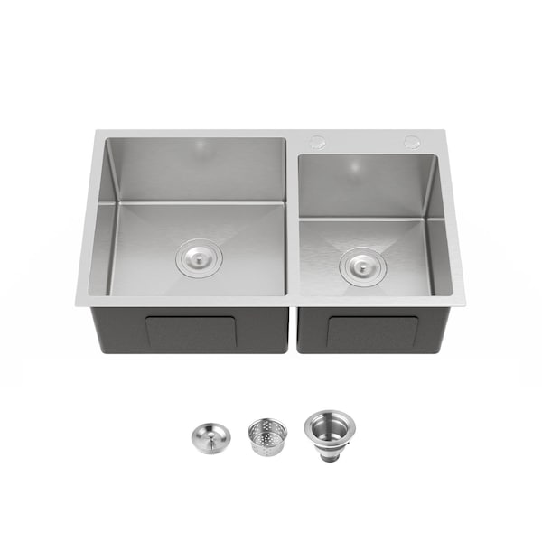 Wrightmaster 32 in. Drop-In Double Bowl 20 Gauge Silver Stainless Steel Kitchen Sink with Drain and Hook ZOR-BR03D-321908 - main