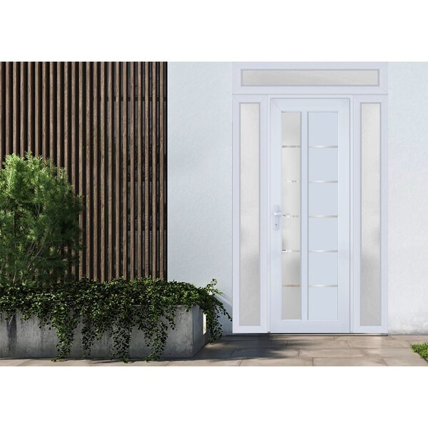 Vdomdoors Front Exterior Prehung FiberGlass Door Frosted Glass / Manux 8088 White Silk / 2 Sidelight and Tran MANUX8088EXD-WS-W14+30+14 x H80+14-RH - main
