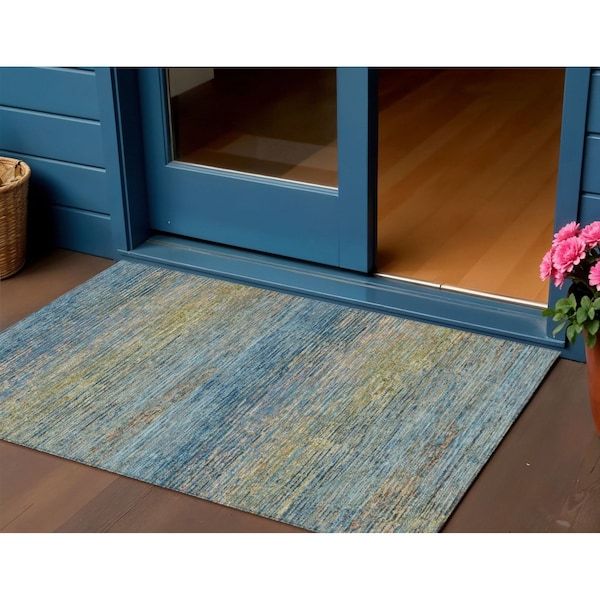 Homeroots 3' X 5' Denim Blue Striped Washable Indoor Outdoor Area Rug 608467 - main