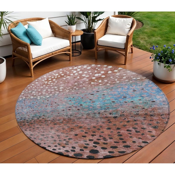 Homeroots 8' Terra Cotta Blue And Black Round Abstract Washable Indoor Outdoor Area Rug 603097 - main