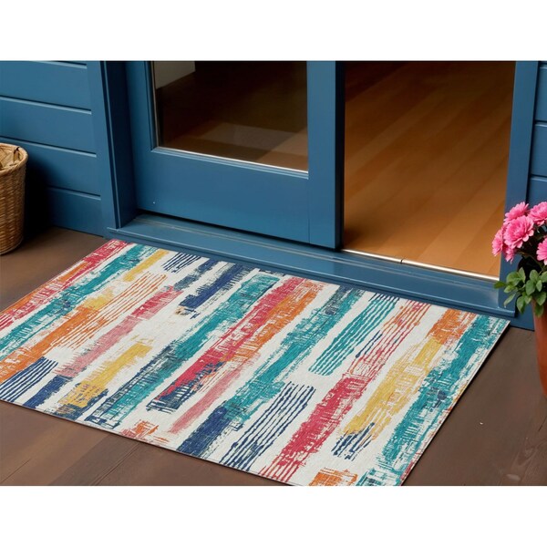 Homeroots 3' X 5' Ivory Teal Blue Orange And Red Striped Washable Indoor Outdoor Area Rug 616652 - main