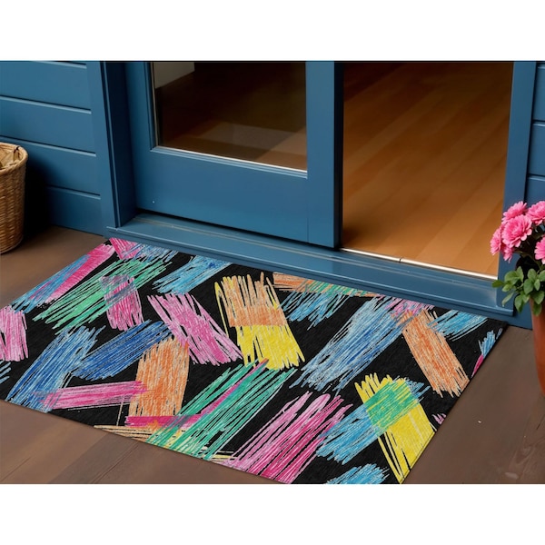 Homeroots 3' X 5' Black Pink And Yellow Striped Washable Indoor Outdoor Area Rug 618040 - main