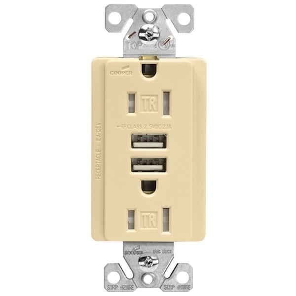 Arrow Hart EATON TR7755VKL Receptacle, 15 A, 125 V, 2 USB Port, NEMA NEMA 515R, Ivory TR7765V-KB-L - main