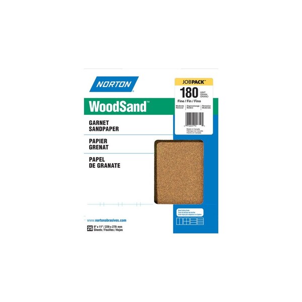 Norton Co 076607 Sanding Sheet, 11 in L, 9 in W, Fine, 180 Grit, Garnet Abrasive, Paper Backing, 25PK 01580 - main