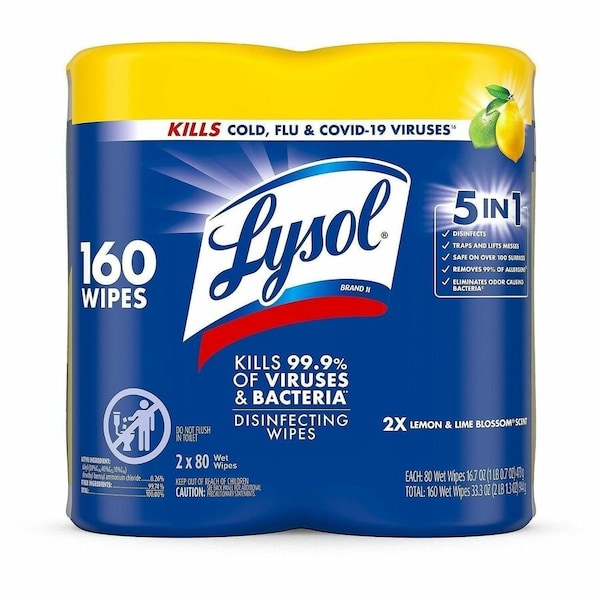 Lysol Disinfecting Wipes, Canister, Lemon Lime, White, 2 PK RAC80296 - main